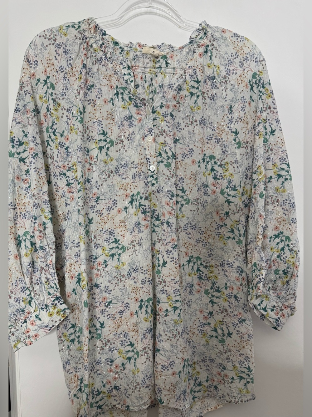 a.n.a White Floral Button-Front Casual Shirt xl cotton blend metallic peasant